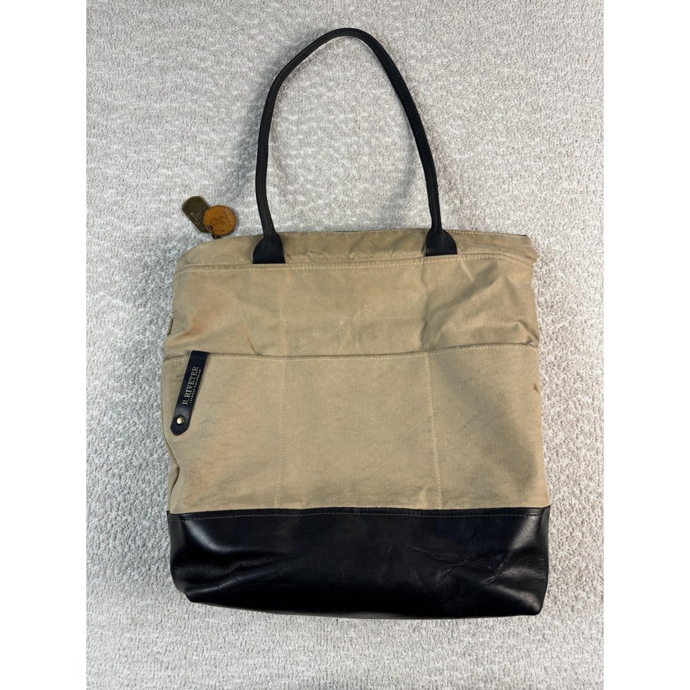 R.โ Riveter Tote Bag Womens Tan Black Canvas Leather American Handmade Zip Top
